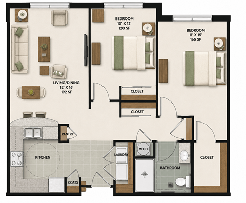 Floor plan for 2 beds, 1 bath, 920 sqft